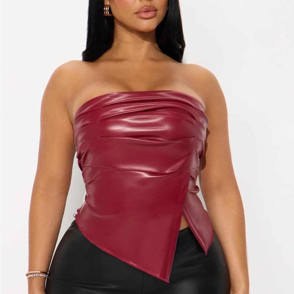 Fashion Nova Burgundy Strapless Leather Crop Top
